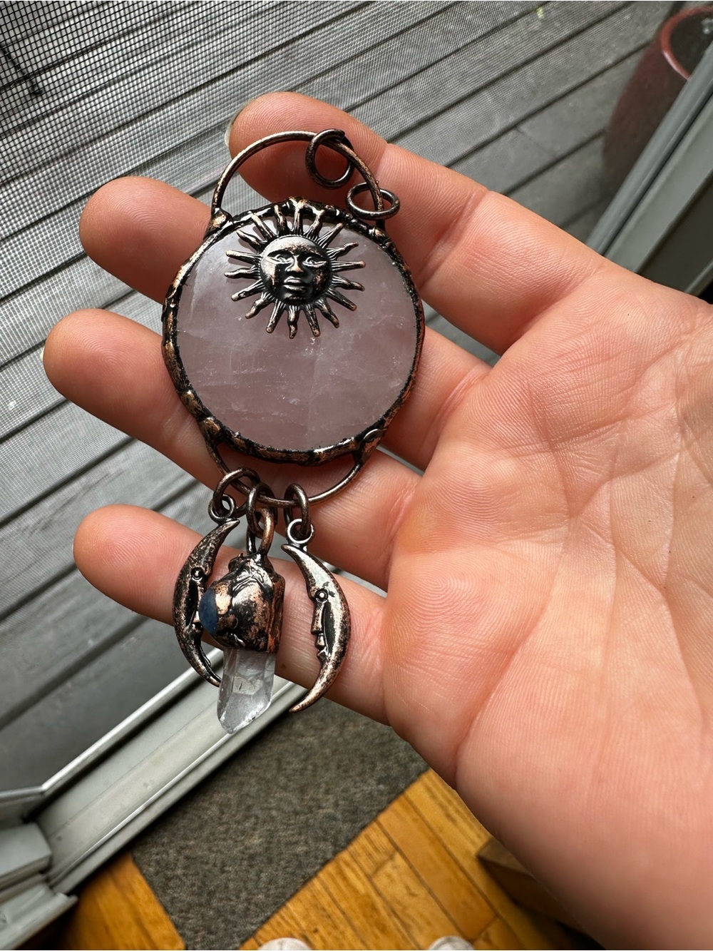 Rose Quartz Sun & Moon Pendant Necklace with Copper Accents - Picture 1 of 9